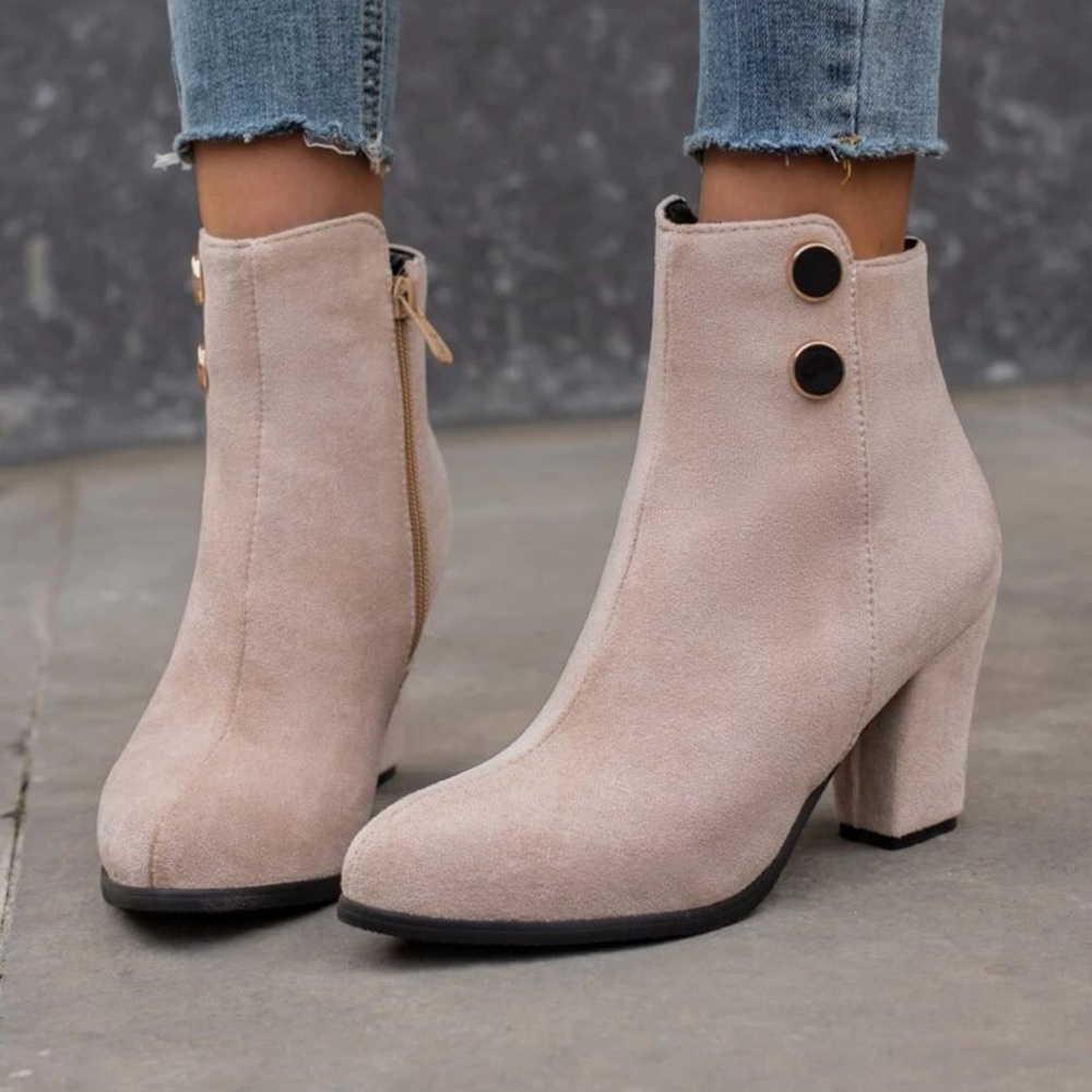 NWT Button Decor Side Zip Chunky Heeled Suedette Classic Boots